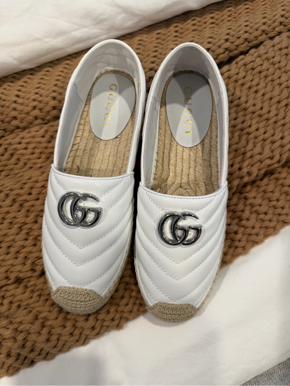 Gucci White Quilted Leather GG Espadrille Mules